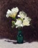 This oil painting of white freesias in a green bottle, is an original work of art.