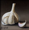 Original oil painting of garlic bulb and clove, by Anne Songhurst at Norton Way Gallery, Hertfordshire.