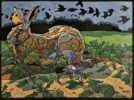 Andrew Haslen at Norton Way Gallery, Hertfordshire. This original artwork by British artist, Andrew Haslen is painted an original linocut. It depicts a resting hare and a Redwing bird, in a field..