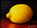 Anne Songhurst Art at Norton Way Gallery Hertfordshire. This beautiful oil painting is an original artwork by British artist Anne Songhurst. It is a still life painting, depicting a single Italian Lemon.