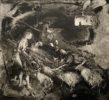 Flora McLachlan at Norton Way Gallery, Hertfordshire. This original artwork by British artist, Flora McLachlan is an original artist's etching. It depicts a semi abstract magical and narrative landscape. It is a monotone scene of a sheppardess and sheep.