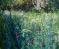 Sally Bassett Art at Norton Way Gallery Hertfordshire. This beautiful acrylic painting is an original artwork by British artist Sally Bassett. It is a landscape painting, depicting an overgrown orchard, with long grass, flowers and trees.