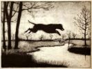 Tim Southall at Norton Way Gallery, Hertfordshire. This original artwork by British artist, Tim Southall is an original etching. With the Tim Southall, atmospheric, signature, It depicts a dark dog, leaping for joy across a river.
