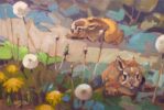Andrew Haslen; this beautiful original artwork from Andrew Haslen is painted in oil. It depicts a two baby hare, Leverets nibbling on dandilions. It is exhibited at Norton Way Gallery.