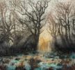 Jo Barry RE at Norton Way Gallery, Hertfordshire. This original artwork by British artist, Jo Barry is an original etching. It depicts the sun shining through woodland trees.