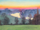 Rosemary Lewis at Norton Way Gallery, Hertfordshire. This original artwork by British artist, Rosemary Lewis is painted in oils. It depicts a warm and romantic sunset, over Richmond Hill. This original painting is framed in a hand painted, off white frame.