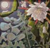 Amie Haslen at Norton Way Gallery, Hertfordshire. This original artwork by British artist, Amie Haslen is painted in acrylics. It depicts rare flowers and Ermine moths in a midnight, moonlit garden