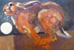 Andrew Haslen; this beautiful original artwork from Andrew Haslen is painted in oil. It depicts a hare, running on a moonlit night. It is exhibited at Norton Way Gallery.
