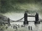 Tim Southall at Norton Way Gallery, Hertfordshire. This original artwork by British artist, Tim Southall is an original etching. It depicts an old sceen of London Bridge and people walking along the muddy banks besides.