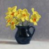 Original artwork by Rosemary Lewis. This original oil painting by Rosemary Lewis depicts stunning yellow Narcissi in a blue jug. It is exhibited at Norton Way Gallery Hertfordshire. Its framed in a simple, contemporary off white frame.
