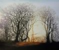 New Day, New Energy by Jo Barry RE. This original etching from Jo Barry RE depicts bare winter trees alighted a rising sun. It is exhibited at Norton Way Gallery Hertfordhire.