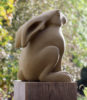 Jennifer Tetlow sculpture at Norton Way Gallery Hertfordshire. This beautiful stone carving, from Jennifer Tetlow is carved from Yourkstone. It depicts a symbolic, beautiful hare.