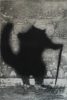 Tim Southall at Norton Way Gallery, Hertfordshire. This original artwork by British artist, Tim Southall is an original etching. It depicts a silhouette of an upright cat with a walking stick, in bootes.