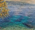 Justin Tew at Norton Way Gallery, Hertfordshire. This original artwork by British artist, Justin Tew is painted in oils. It depicts a coastal scene, looking across a Mediterranean bay.