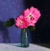 Rosemary Lewis at Norton Way Gallery, Hertfordshire. This original artwork by British artist, Rosemary Lewis is painted in oils. It depicts beautiful, pink Roses flowers in a glass jar. This original painting is framed in a hand painted, off white frame.