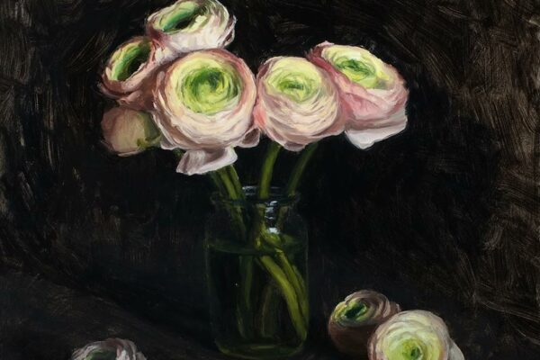 Rosemary Lewis at Norton Way Gallery, Hertfordshire. This original artwork by British artist, Rosemary Lewis is painted in oils. It depicts beautiful, cream and pink Ranunculus flowers in a glass jar. This original painting is framed in a hand painted, off white frame.