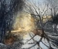 Jo Barry RE at Norton Way Gallery, Hertfordshire. This original artwork by British artist, Jo Barry is an original etching. It depicts the sun shining on to a snowy woodland landscape.