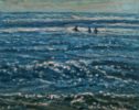 Justin Tew at Norton Way Gallery, Hertfordshire. This original artwork by British artist, Justin Tew is painted in oils. It depicts a coastal scene with three bathers and waves.