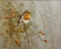 Neil Cox at Norton Way Gallery, Hertfordshire. This original artwork by British artist, Neil Cox is painted in oils. It depicts a Robin on a branch of winter rose-hips, with falling snow. This original painting is framed in a wooden frame.