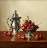 Anne Songhurst Art at Norton Way Gallery Hertfordshire. This beautiful oil painting is an original artwork by British artist Anne Songhurst. It is a still life painting, depicting a silver jug and dish with red cherries. It is framed in a dark wood frame.