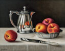Anne Songhurst Art at Norton Way Gallery Hertfordshire. This beautiful oil painting is an original artwork by British artist Anne Songhurst. It is a still life painting, depicting three nectarines plate. This is accompanied by a silver knife and jug. It is framed in a dark wood frame.