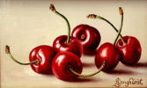 Beautiful original oil painting of six lushous red cherries, by Anne Songhurst. At Norton Way Gallery, Hertfordshire.