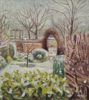 Amie Haslen at Norton Way Gallery, Hertfordshire. This original artwork by British artist, Amie Haslen is painted in acrylics. It depicts a wintery garden scene, with snow falling.