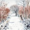 Amie Haslen; Amie Haslen has painted a snow scene in watercolour. The painting depicts an a broad bathway between shrubs. There is a winter tree at the far end.. It is exhibited at Norton Way Gallery Hertfordshire.