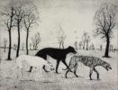 Tim Southall at Norton Way Gallery, Hertfordshire. This original artwork by British artist, Tim Southall is an original etching. It depicts three sight hound dogs walking together, in a tree lined landscape.