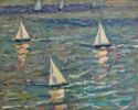 Andrew Farmer at Norton Way Gallery, Hertfordshire. This original artwork by British artist, Andrew Farmer is painted in oils. It depicts three sailing boats. This original painting is framed in a hand painted, off white frame.