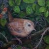 Bramble King by Collette Hoefkens at Norton Way Gallery Hertfordshire. This original artwork by Collette Hoefkens depicts a wren perched among brambles. It is painted in oil.