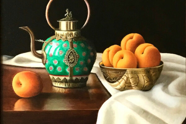 Anne Songhurst Art at Norton Way Gallery Hertfordshire. This beautiful oil painting is an original artwork by British artist Anne Songhurst. It is a still life painting, depicting a Tibetan Teapot with fresh Apricots and a linen cloth. It is framed in a dark wood frame.