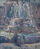 Andrew Farmer at Norton Way Gallery, Hertfordshire. This original artwork by British artist, Andrew Farmer is painted in oils. It depicts a man, woman and child standing by a cascading fountain in Trafalgar Square. This original painting is framed in a hand painted, off white frame.