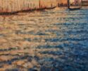 Justin Tew: Justin Tew art at Norton Way Gallery Hertfordshire. This painting as an original oil painting by Justin Tew. I depicts a dusk harbor scene in Venice. There is a line of gondoliers in an orange and blue sun set.