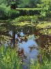 Rosemary Lewis at Norton Way Gallery, Hertfordshire. This original artwork by British artist, Rosemary Lewis is painted in oils. It depicts a lucious green and blue pond, with waterlilies and reeds. This original painting is framed in a hand painted, off white frame.