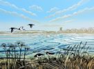 Rob Barnes at Norton Way Gallery, Hertfordshire. This original artwork by British artist, Rob Barnes is an original artist's linocut print. It depicts an estuary scene with a beautiful Oystercatcher birds.