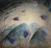 Flora McLachlan at Norton Way Gallery, Hertfordshire. This original artwork by British artist, Flora McLachlan is painted in watercolour. It depicts blue Hare Bells on a windy night, with w crescent moon.