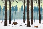 Tim Southall at Norton Way Gallery, Hertfordshire. This original artwork by British artist, Tim Southall is an original etching. With the Tim Southall, atmospheric, signature, It depicts a winter scene in colour with snow, a bear and a fox.